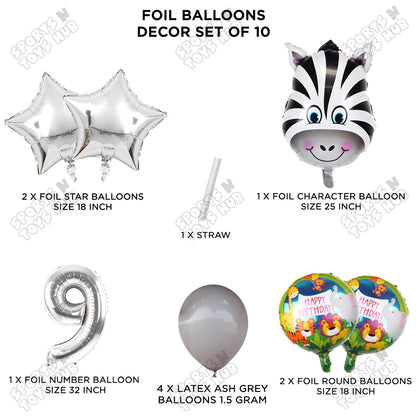 Jungle Safari Zebra Pack Of 10 Foil Balloon Set