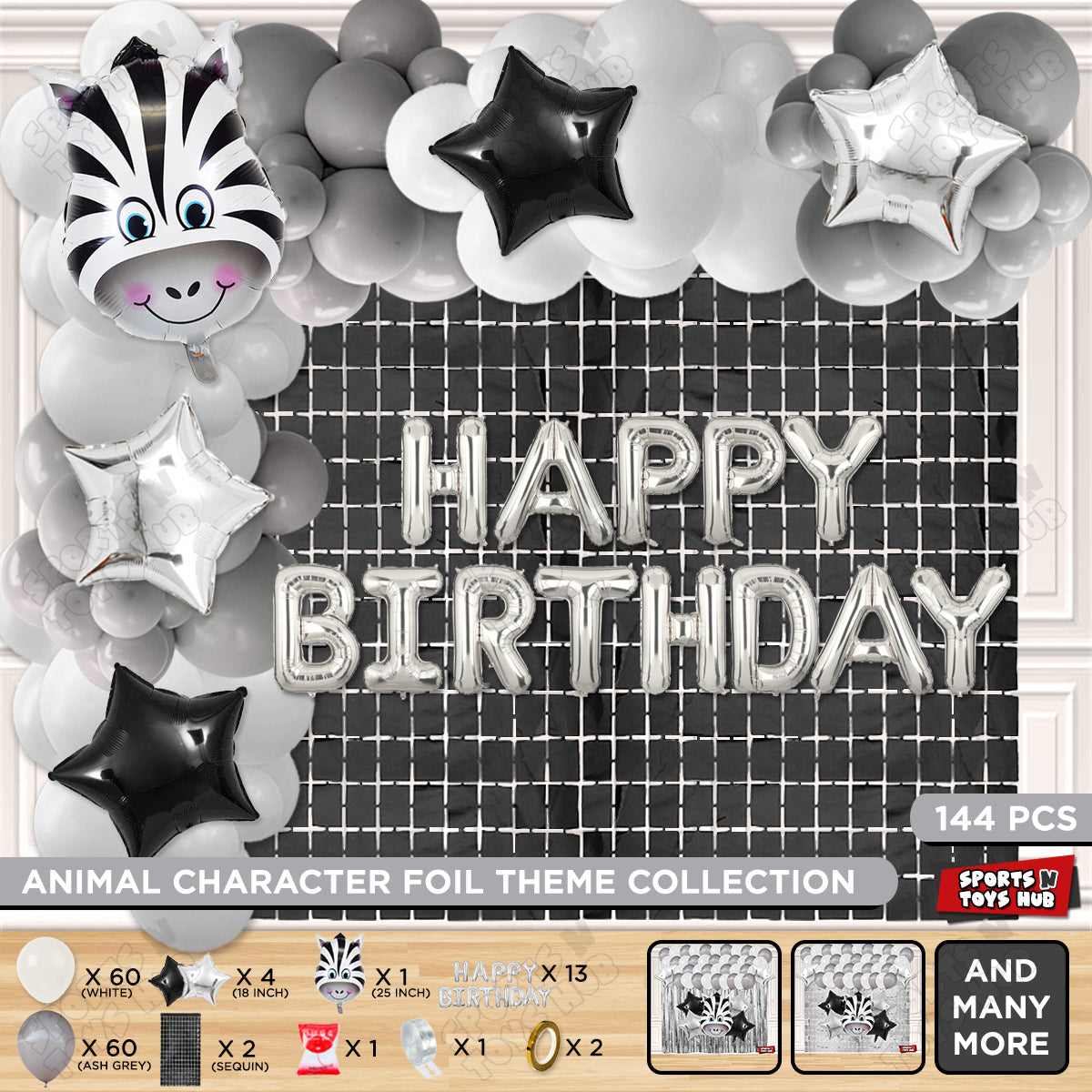 Jungle Safari Zebra Face Foil Balloon With Happy Birthday Foil Letter Arch Theme
