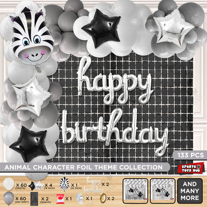Zebra Jungle Safari Foil Balloon With Happy Birthday Cursive Letter Arch Theme