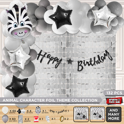 Jungle Safari Zabra Face Foil Balloon With Happy Birthday Cursive Banner Arch Theme