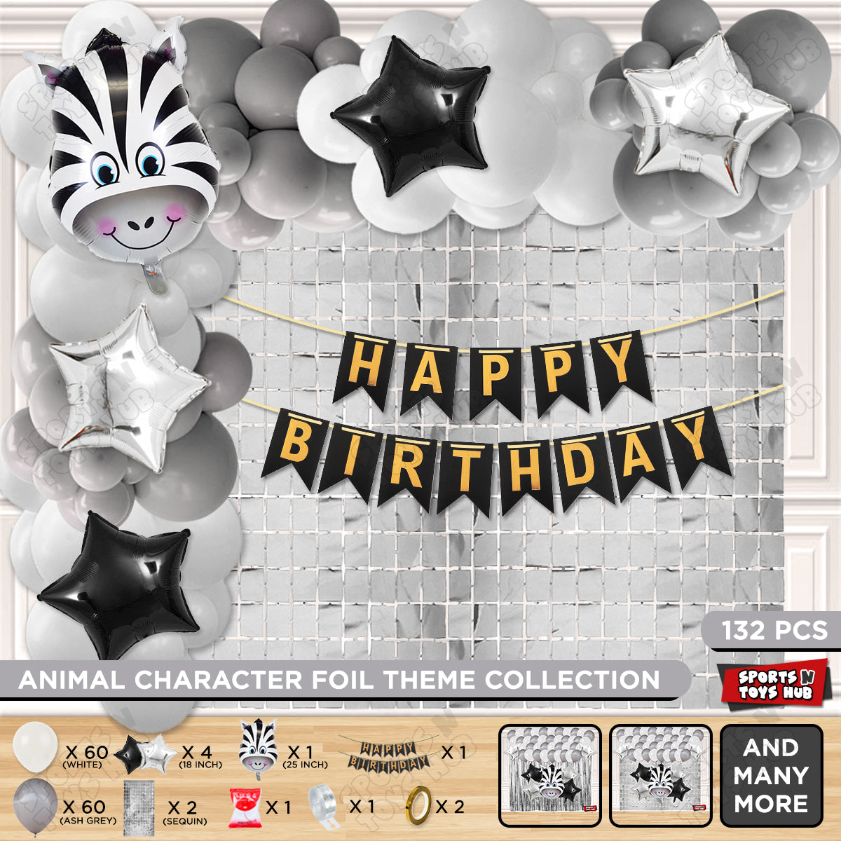 Jungle Safari Zabra Face Foil Balloon With Happy Birthday Card Banner Arch Theme