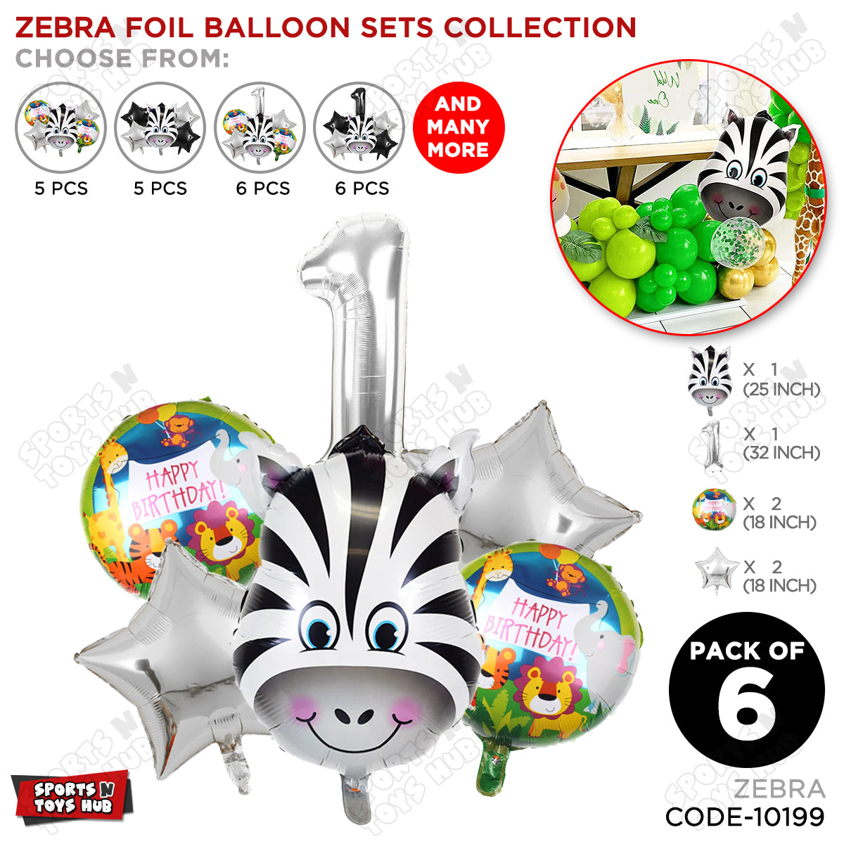 Jungle Safari Zebra Pack Of 6 Foil Balloon Set