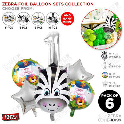 Jungle Safari Zebra Pack Of 6 Foil Balloon Set