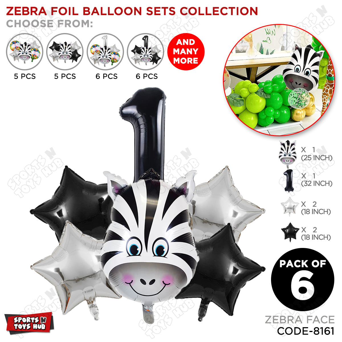 Zebra Jungle Safari Pack Of 6 Foil Balloon Set
