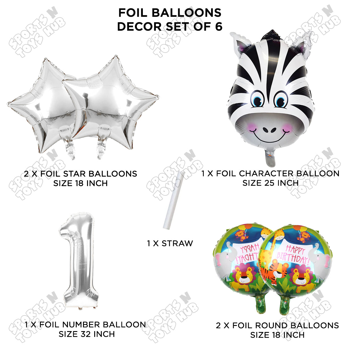 Jungle Safari Zebra Pack Of 6 Foil Balloon Set