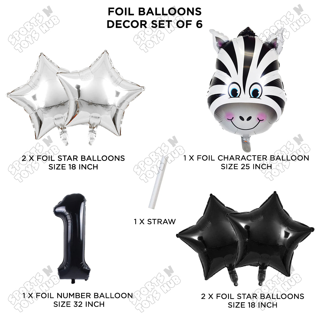 Zebra Jungle Safari Pack Of 6 Foil Balloon Set
