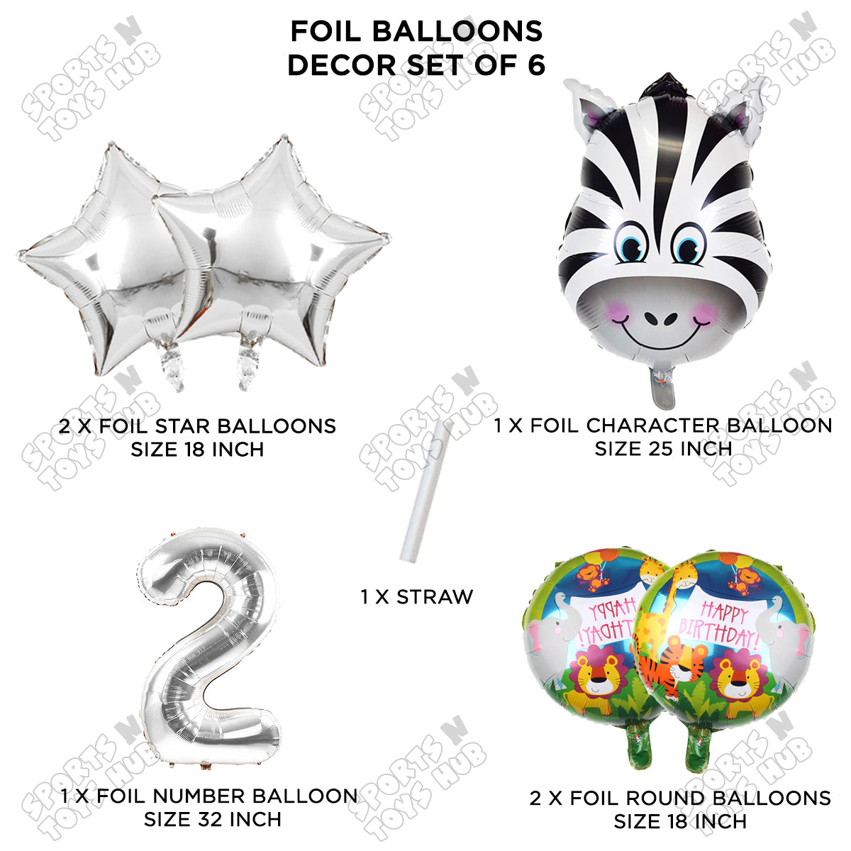 Jungle Safari Zebra Pack Of 6 Foil Balloon Set