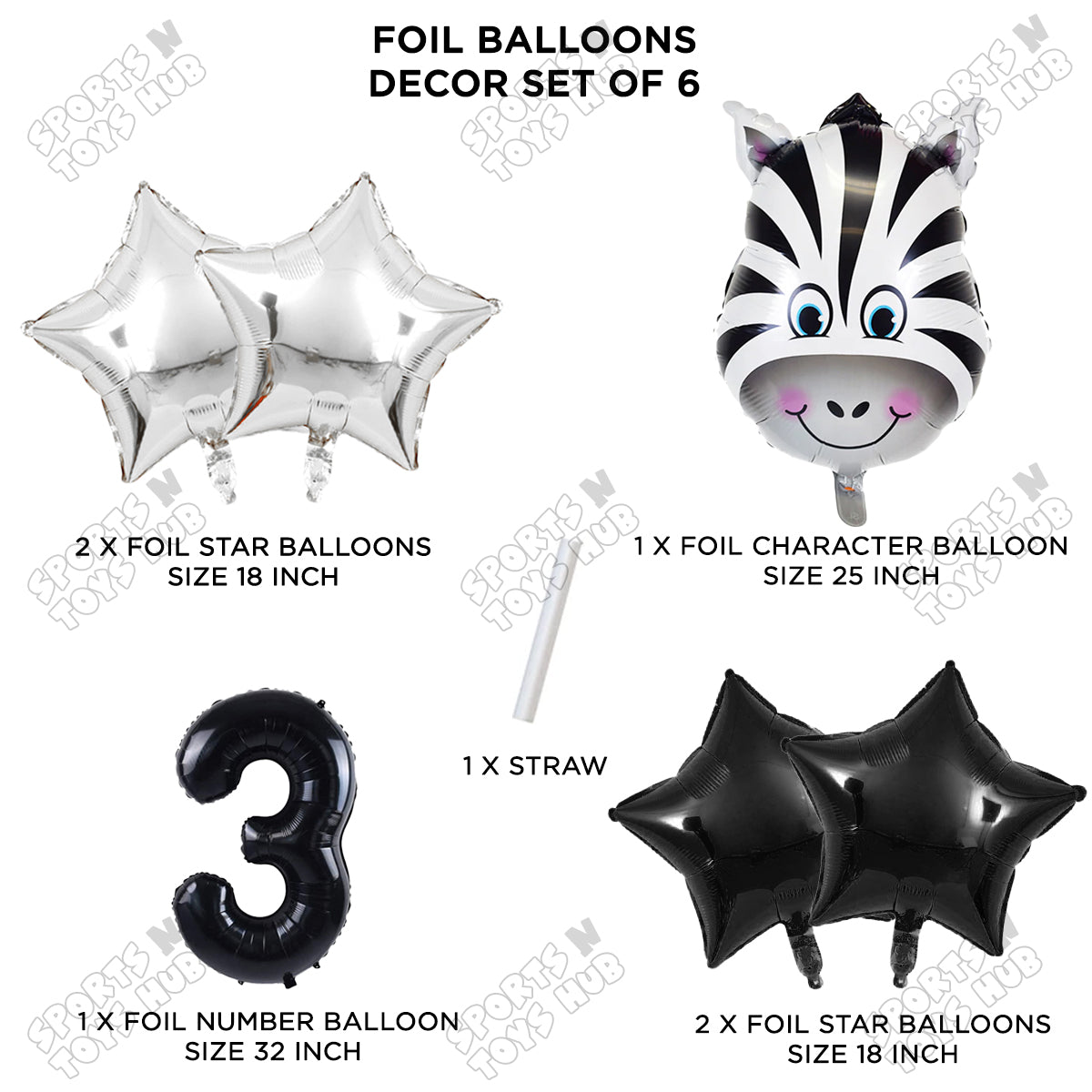 Zebra Jungle Safari Pack Of 6 Foil Balloon Set