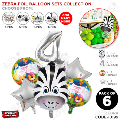 Jungle Safari Zebra Pack Of 6 Foil Balloon Set