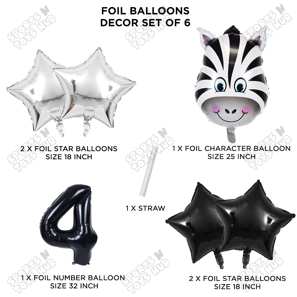 Zebra Jungle Safari Pack Of 6 Foil Balloon Set