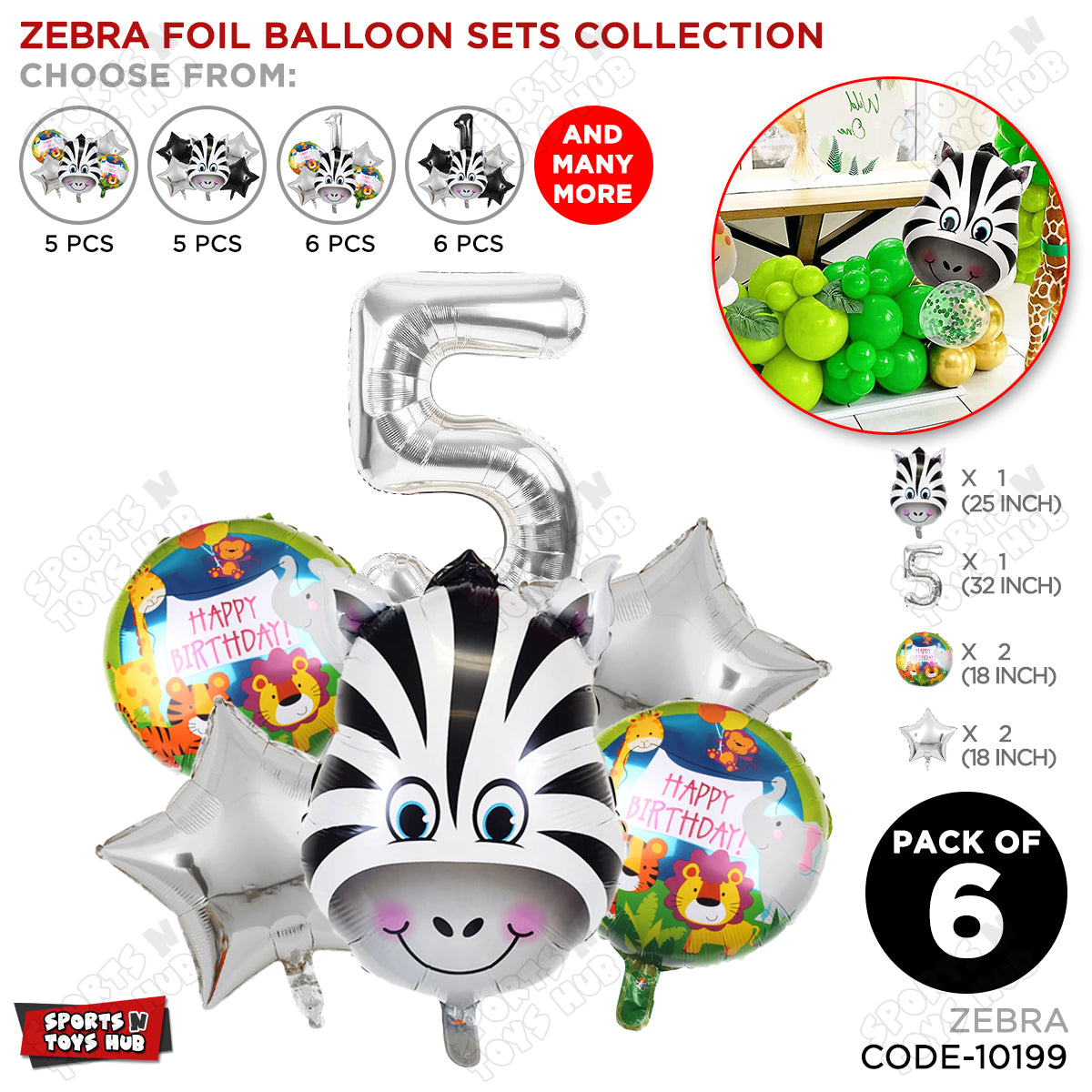 Jungle Safari Zebra Pack Of 6 Foil Balloon Set