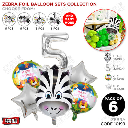 Jungle Safari Zebra Pack Of 6 Foil Balloon Set