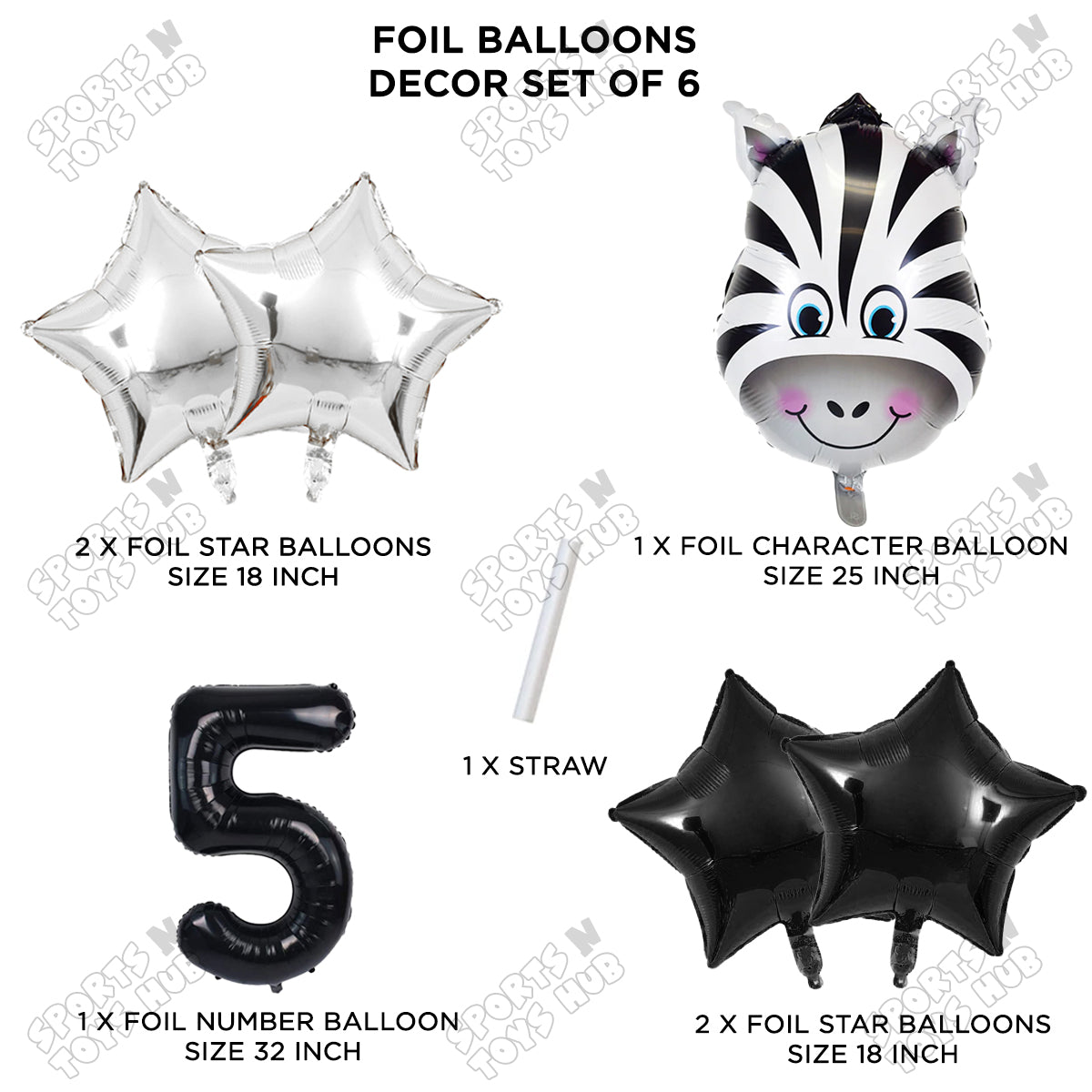 Zebra Jungle Safari Pack Of 6 Foil Balloon Set