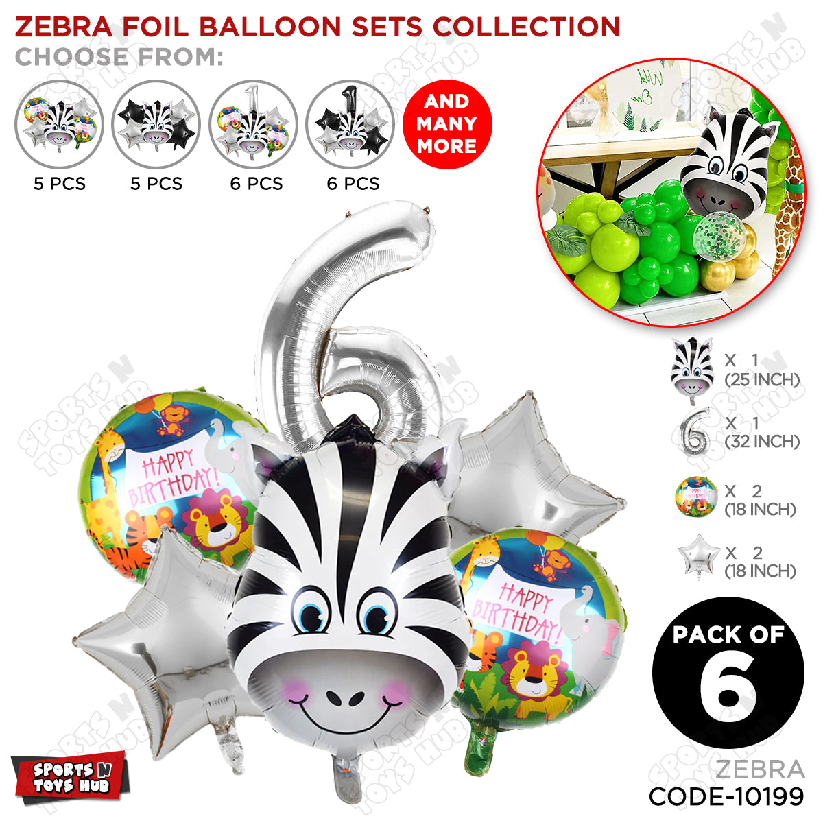 Jungle Safari Zebra Pack Of 6 Foil Balloon Set