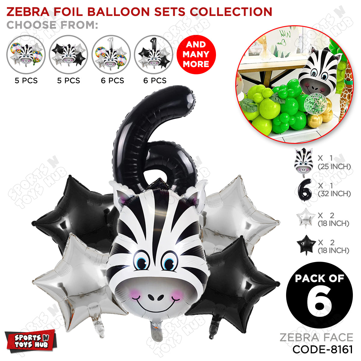 Zebra Jungle Safari Pack Of 6 Foil Balloon Set