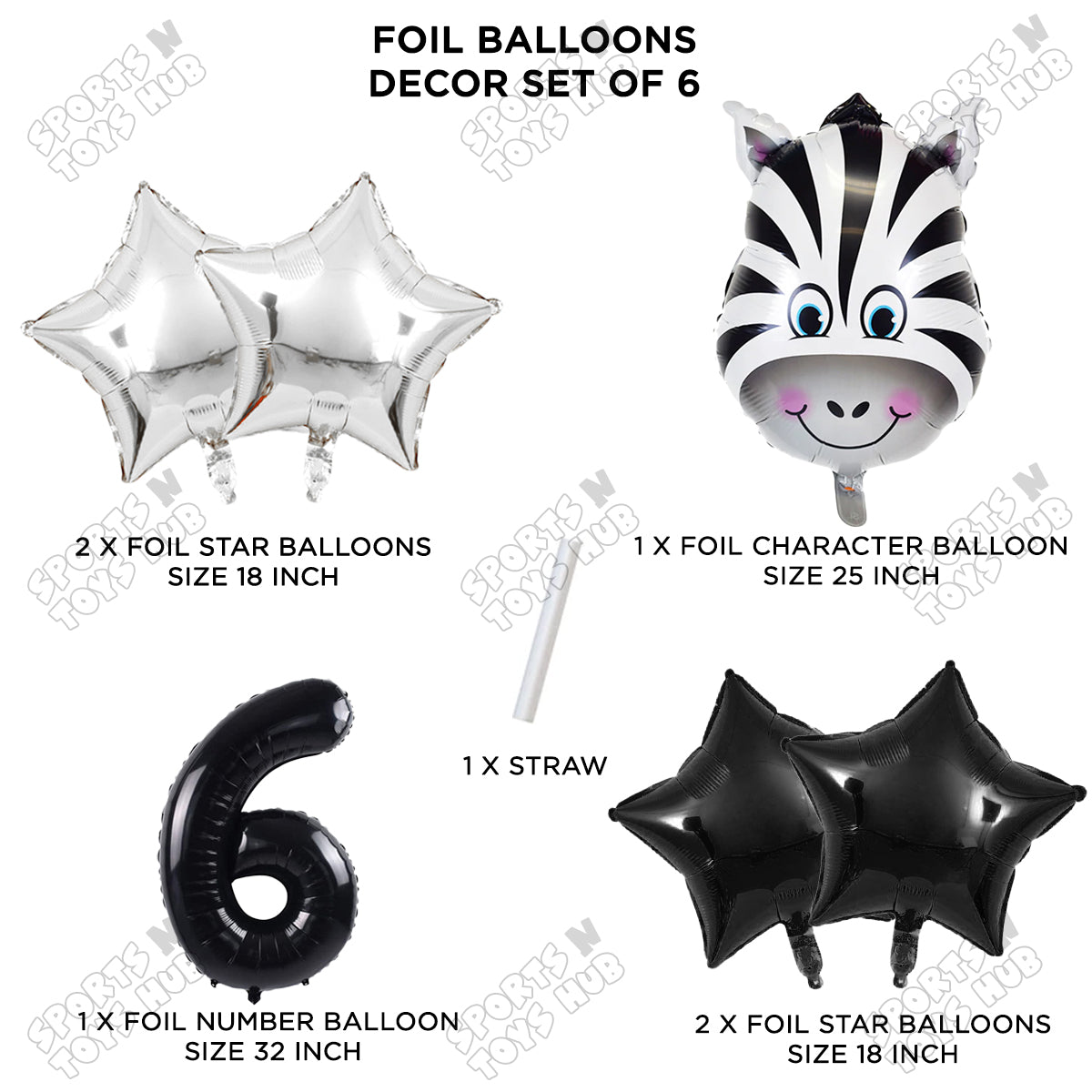 Zebra Jungle Safari Pack Of 6 Foil Balloon Set