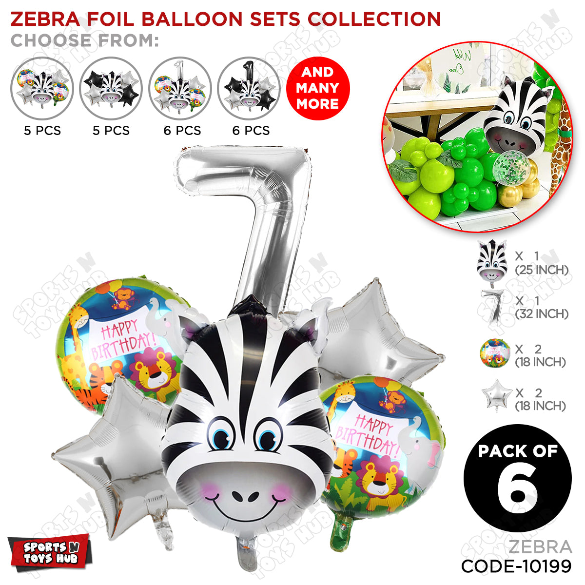 Jungle Safari Zebra Pack Of 6 Foil Balloon Set