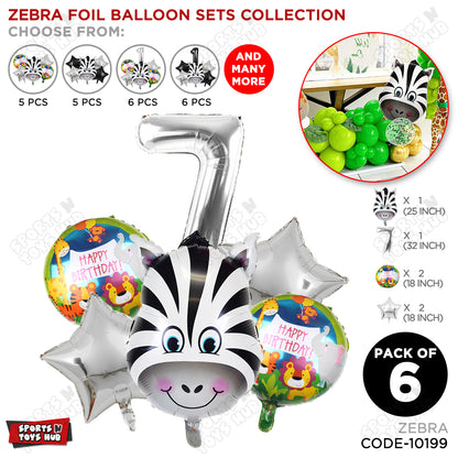 Jungle Safari Zebra Pack Of 6 Foil Balloon Set