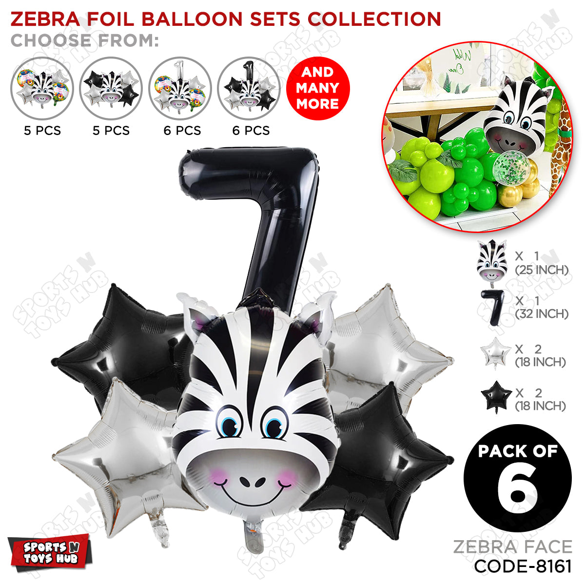 Zebra Jungle Safari Pack Of 6 Foil Balloon Set