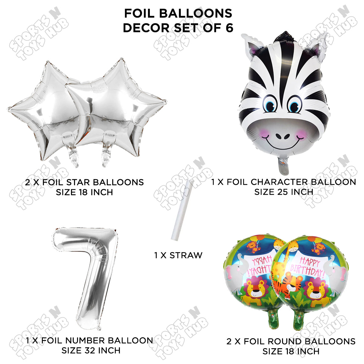 Jungle Safari Zebra Pack Of 6 Foil Balloon Set