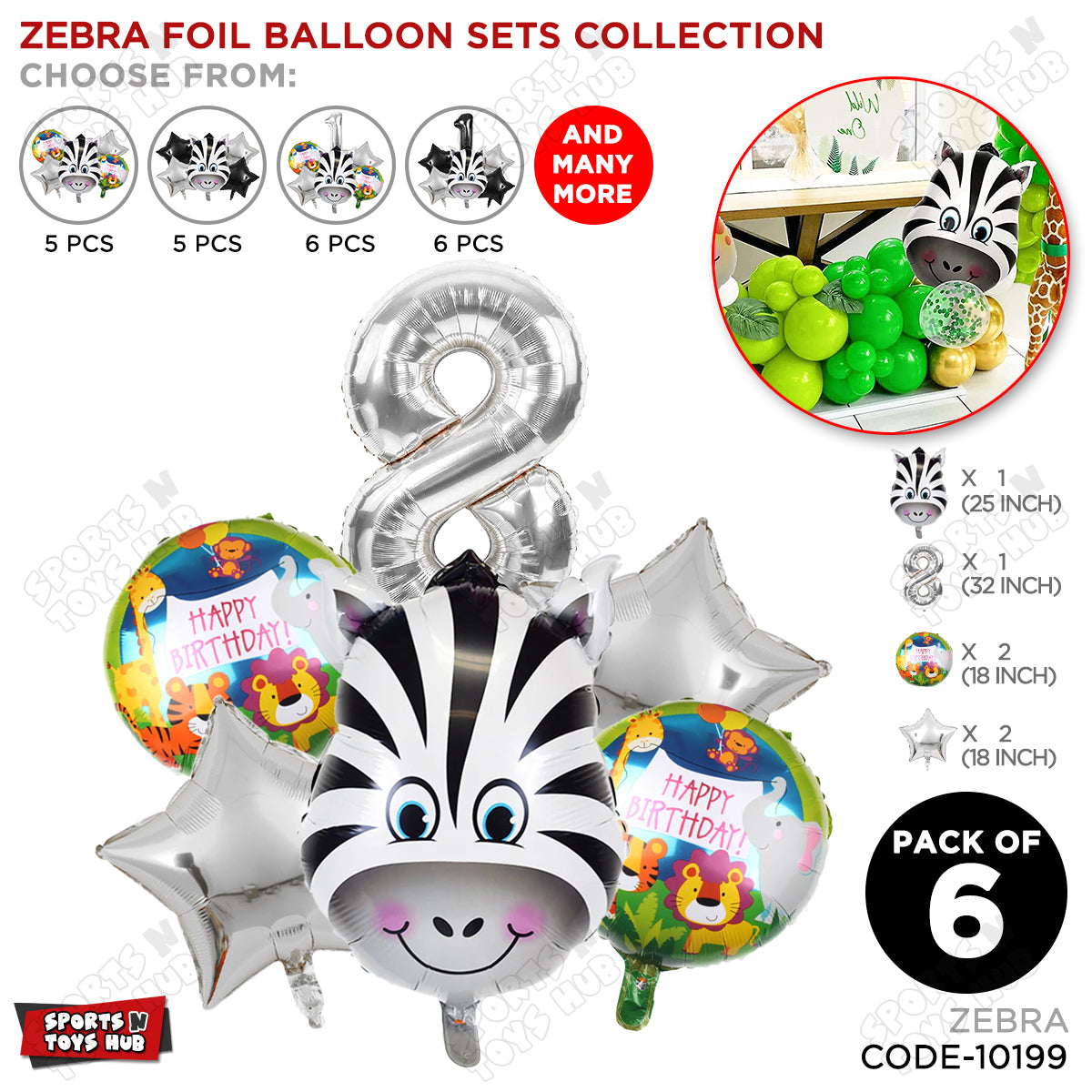 Jungle Safari Zebra Pack Of 6 Foil Balloon Set