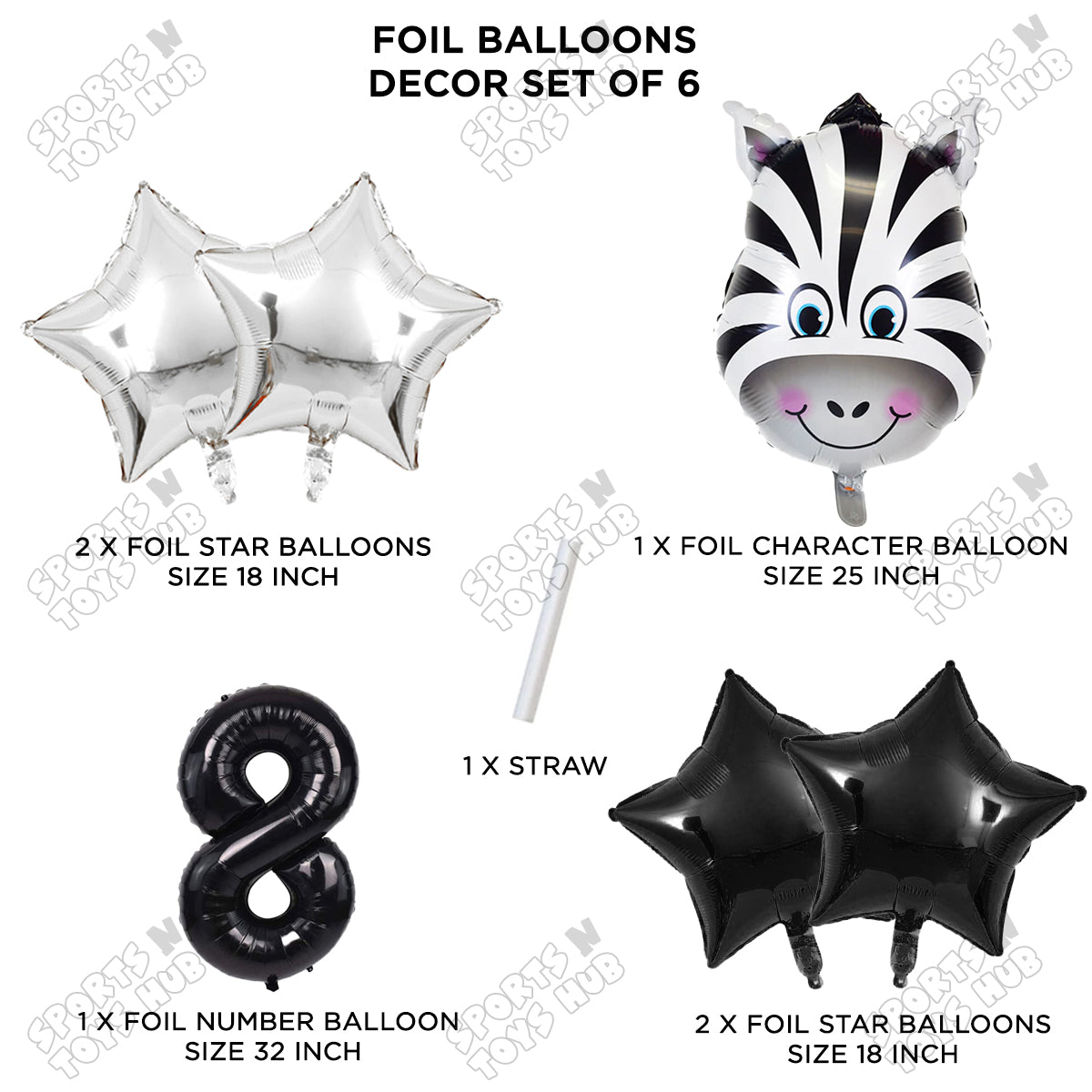 Zebra Jungle Safari Pack Of 6 Foil Balloon Set