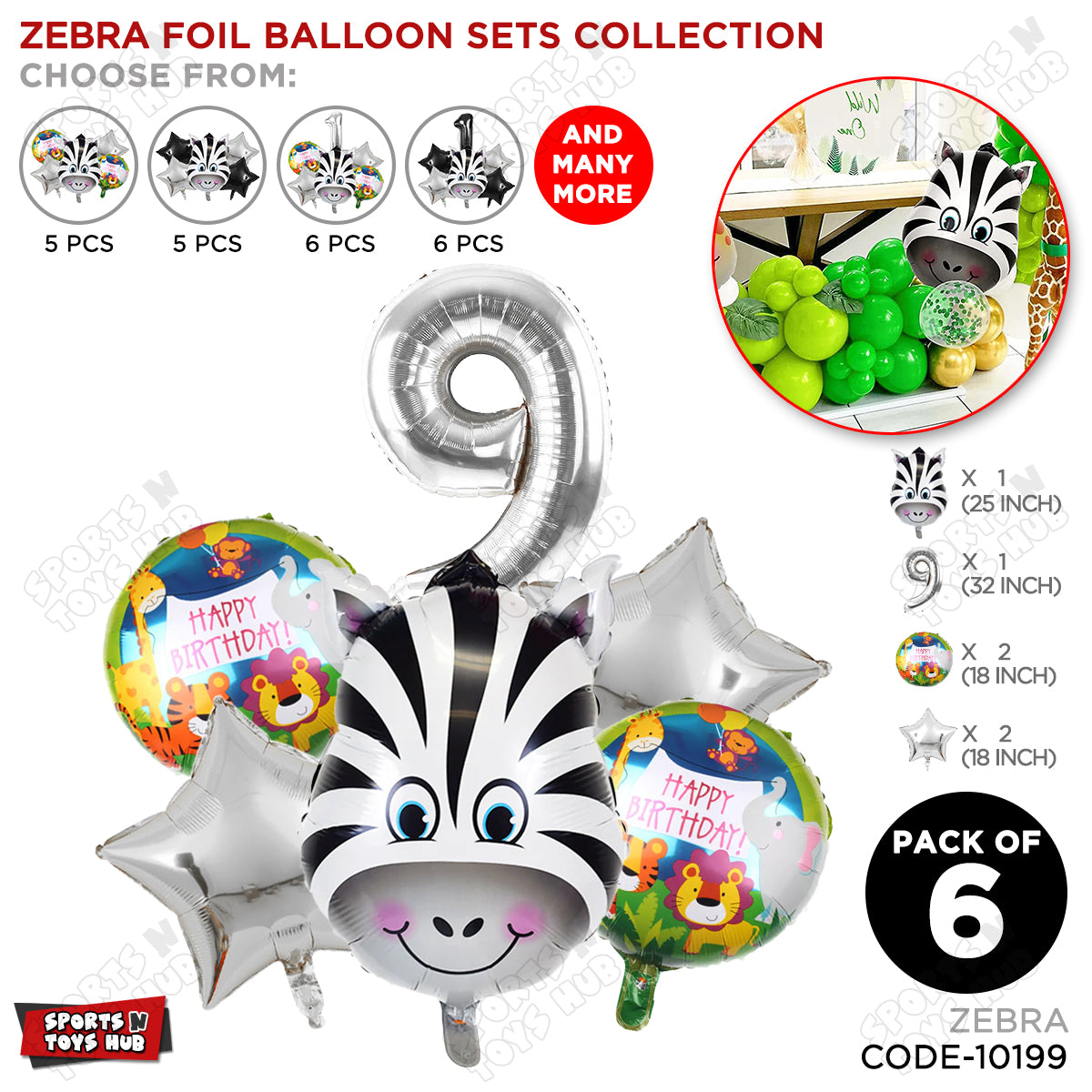 Jungle Safari Zebra Pack Of 6 Foil Balloon Set