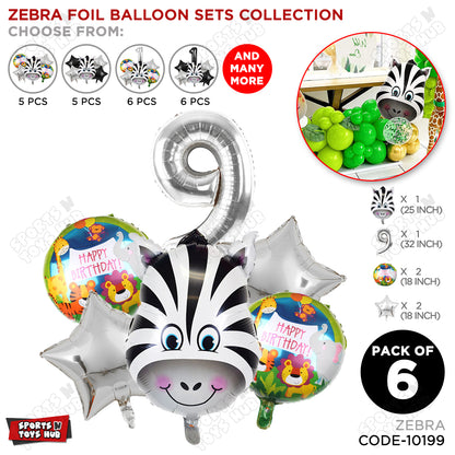 Jungle Safari Zebra Pack Of 6 Foil Balloon Set
