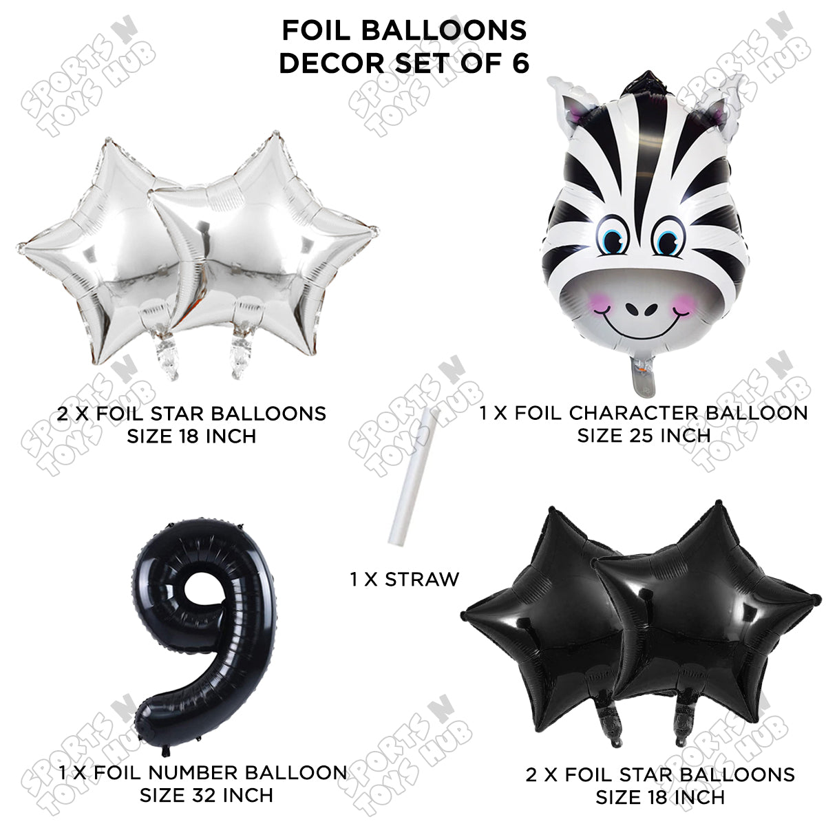 Zebra Jungle Safari Pack Of 6 Foil Balloon Set