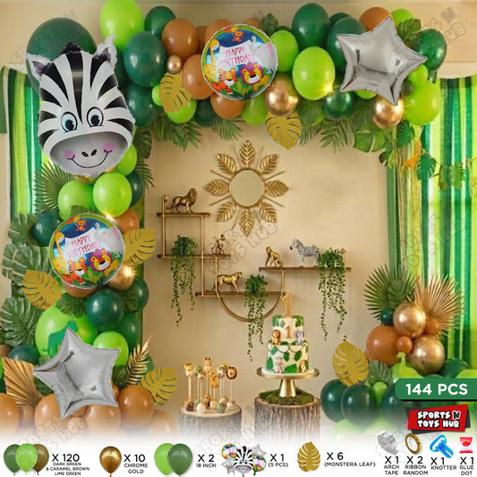 Jungle Safari Balloon Decoration Kit – 144 Pcs Green & Gold Zebra Theme Birthday Party Set with Balloon Arch Garland
