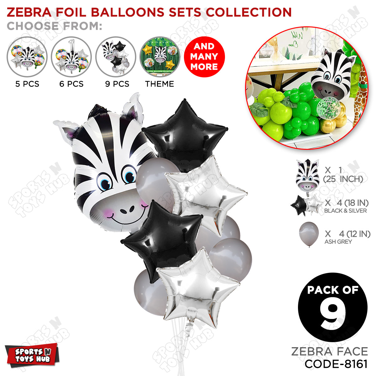 Jungle Safari Zebra Pack Of 9 Foil Balloon Set