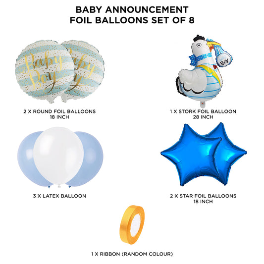 Stork Pack Of 8 Foil Balloon Set - Blue