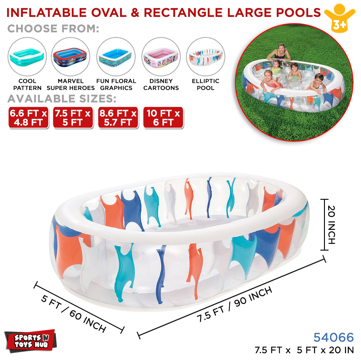Bestway 7.5 x 5 FT Inflatable Oval Rectangle Pool - 54066