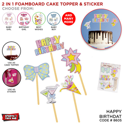 2 In 1 Foam Board Happy Birthday Cake Topper - 5 Pcs