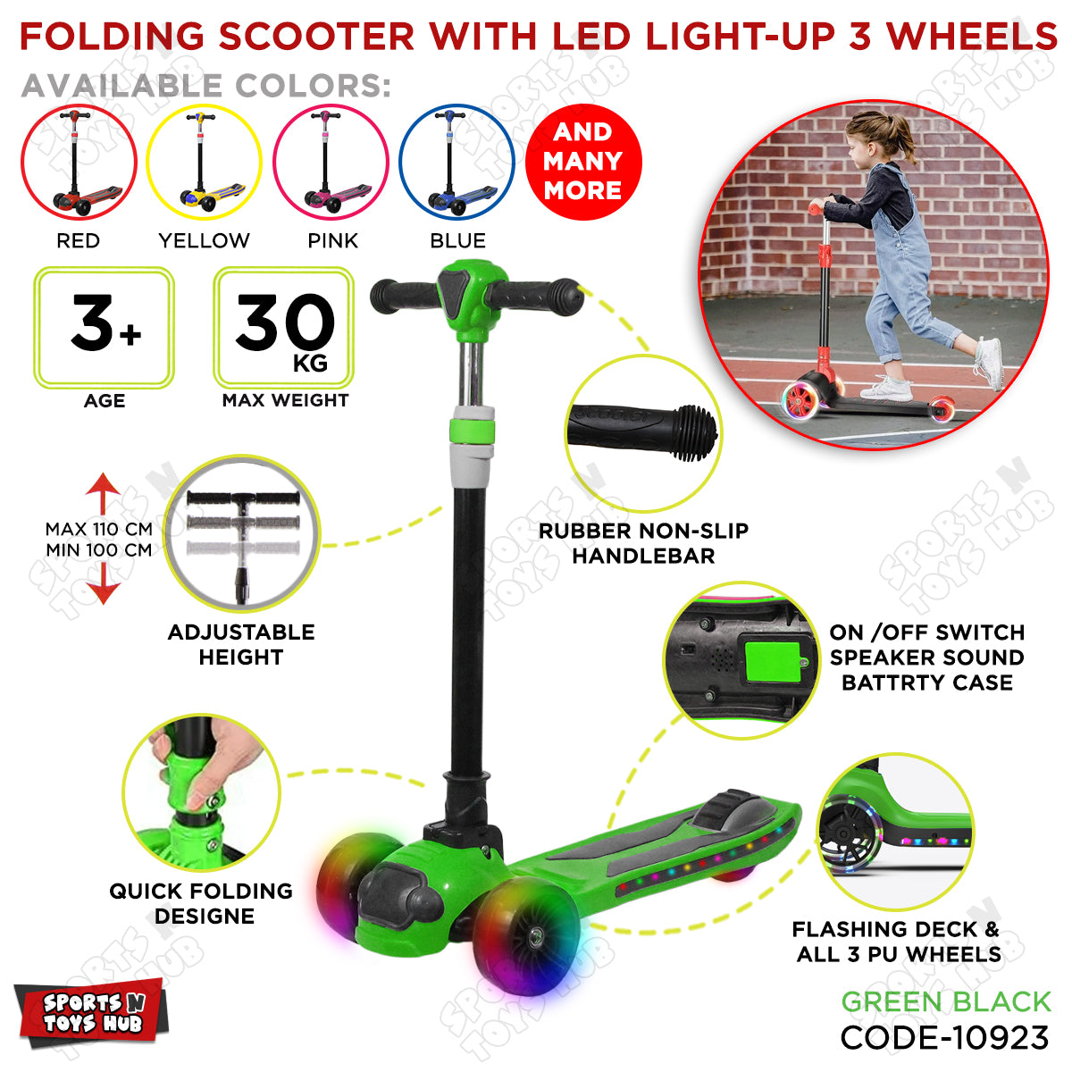 Folding Scooter With LED Light-up 3 Wheels for Kids