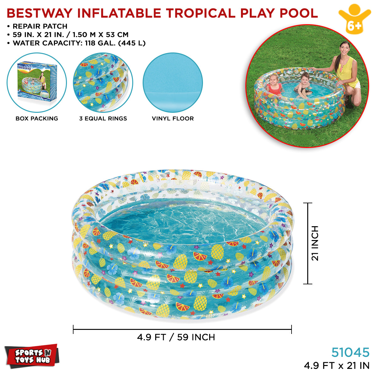 Bestway 4.9 Ft x 21 In Inflatable Transparent Sea Life Swimming Pool For Kids - 51045