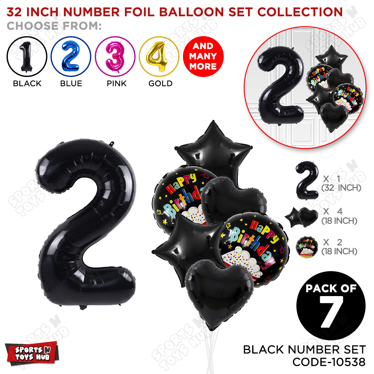 Black Color 32 Inch Number Foil Balloon With Round Printed Balloon Set