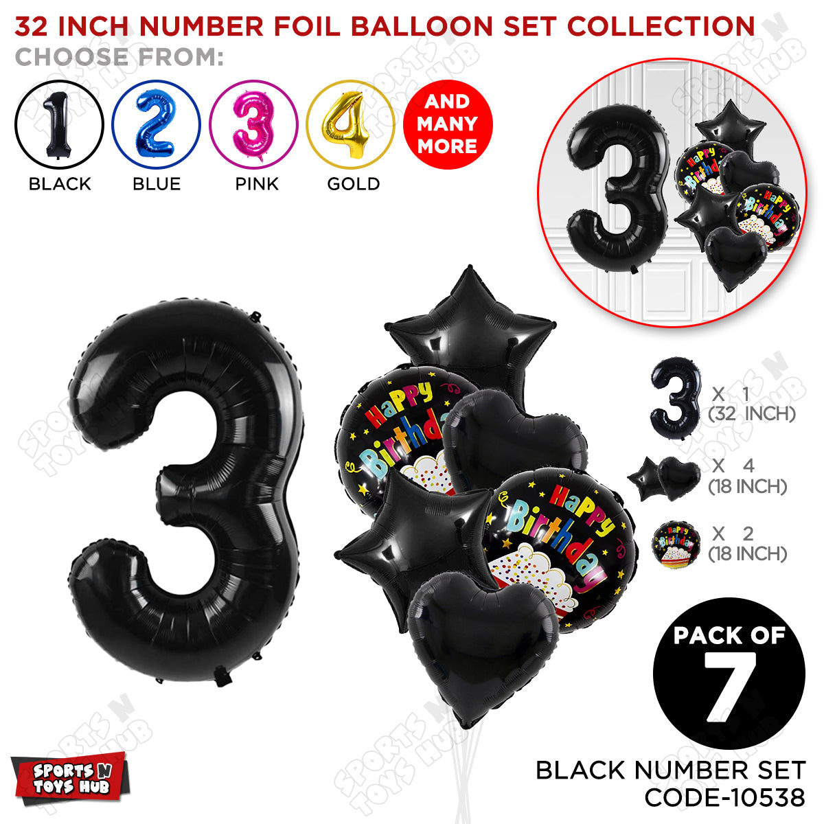 Black Color 32 Inch Number Foil Balloon With Round Printed Balloon Set