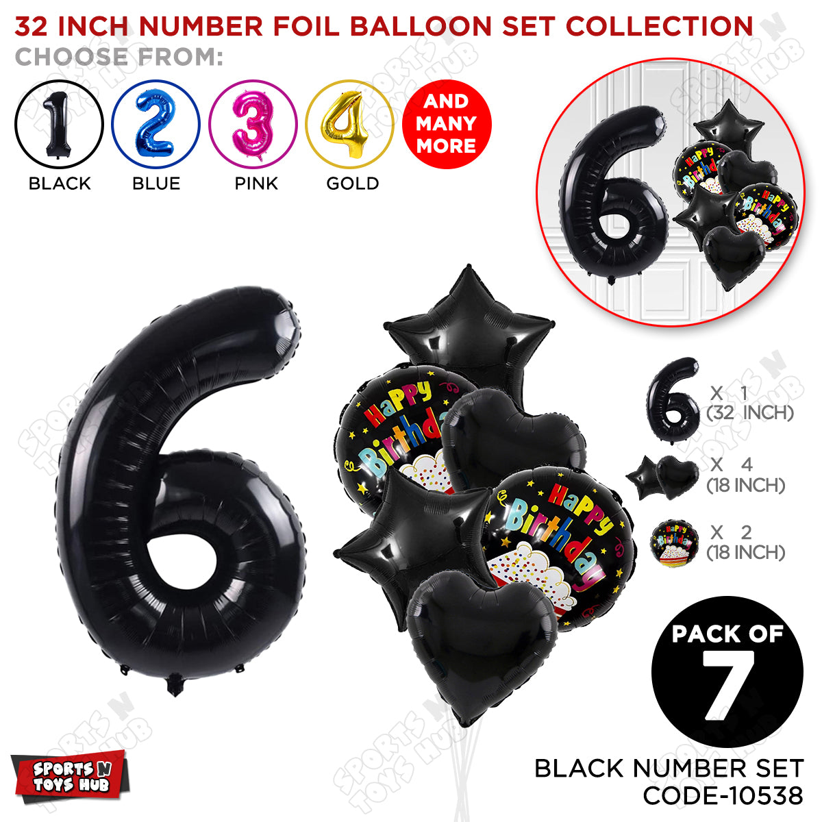 Black Color 32 Inch Number Foil Balloon With Round Printed Balloon Set