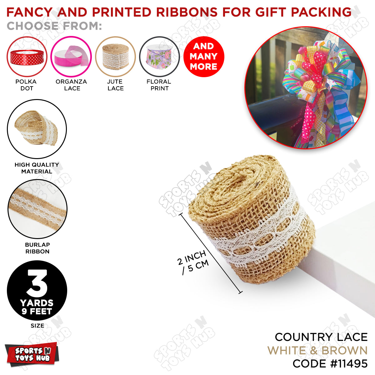 Country Lace Burlap Ribbon – 2 Inch Burlap Ribbon  for Gift Wrapping, Wedding Decor & Crafts