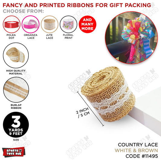 Country Lace Burlap Ribbon – 2 Inch Burlap Ribbon  for Gift Wrapping, Wedding Decor & Crafts