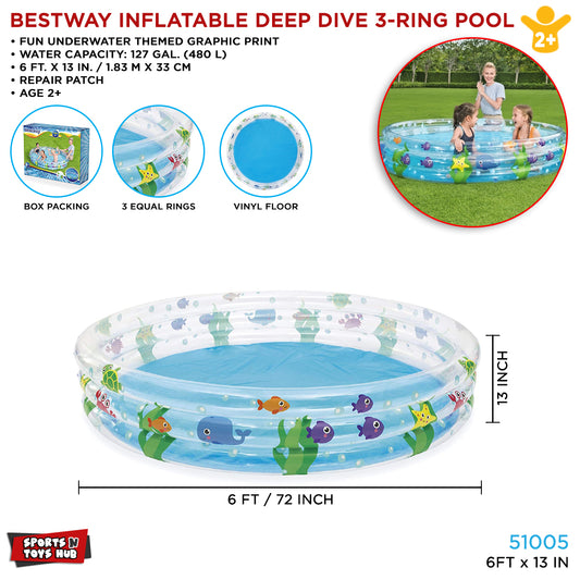 Bestway 6FT Inflatable Deep Dive 3-Ring Swimming Pool - 51005