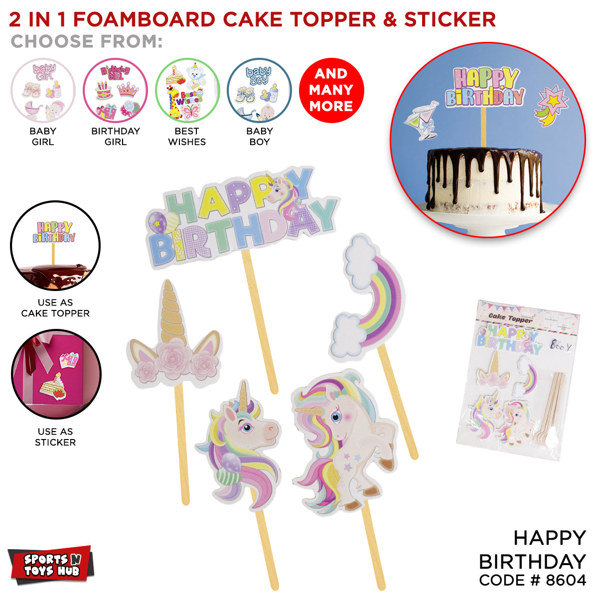 2 In 1 Foam Board Happy Birthday Cake Topper - 5 Pcs