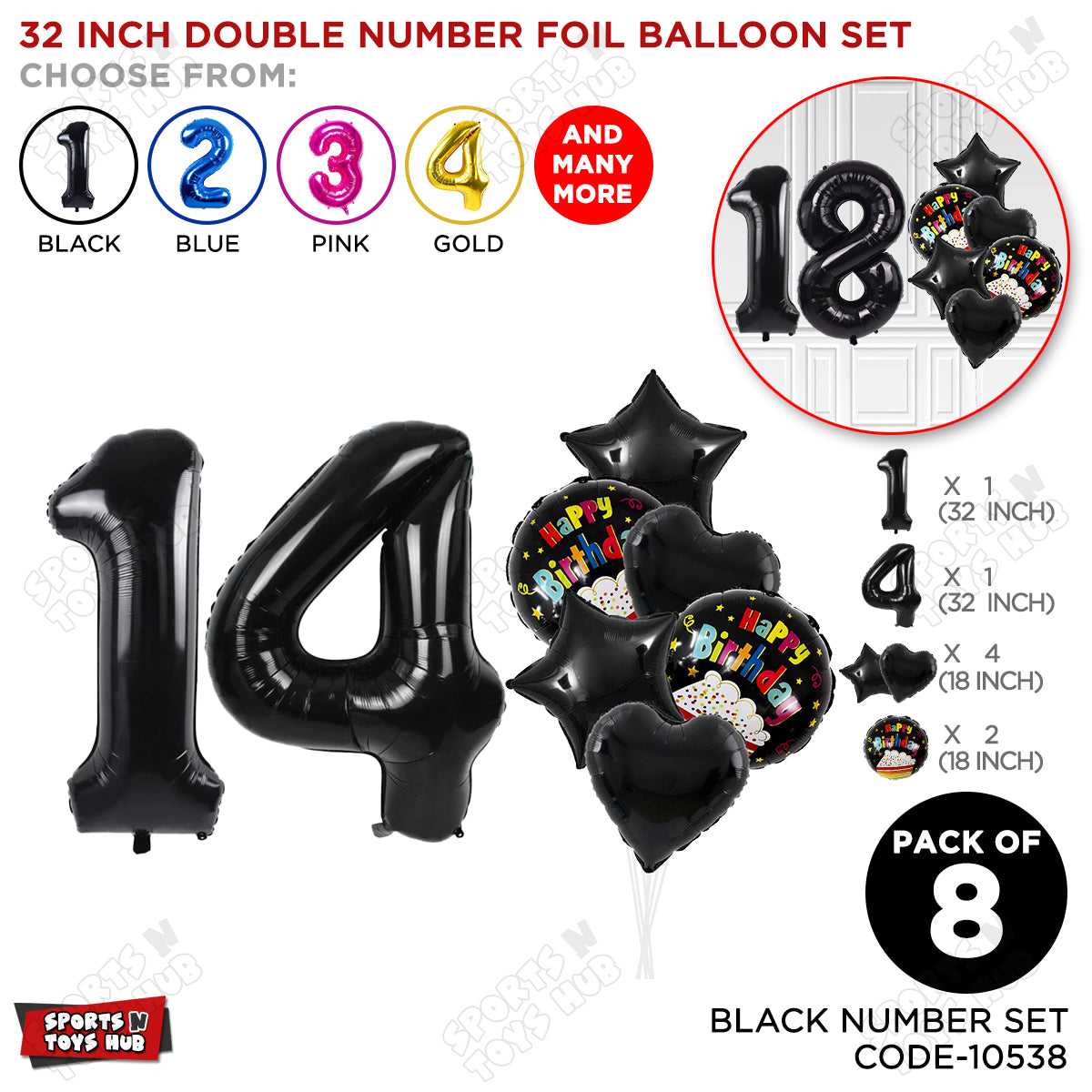 Black Color 32 Inch Number Foil Balloon With Round Printed Balloon Set