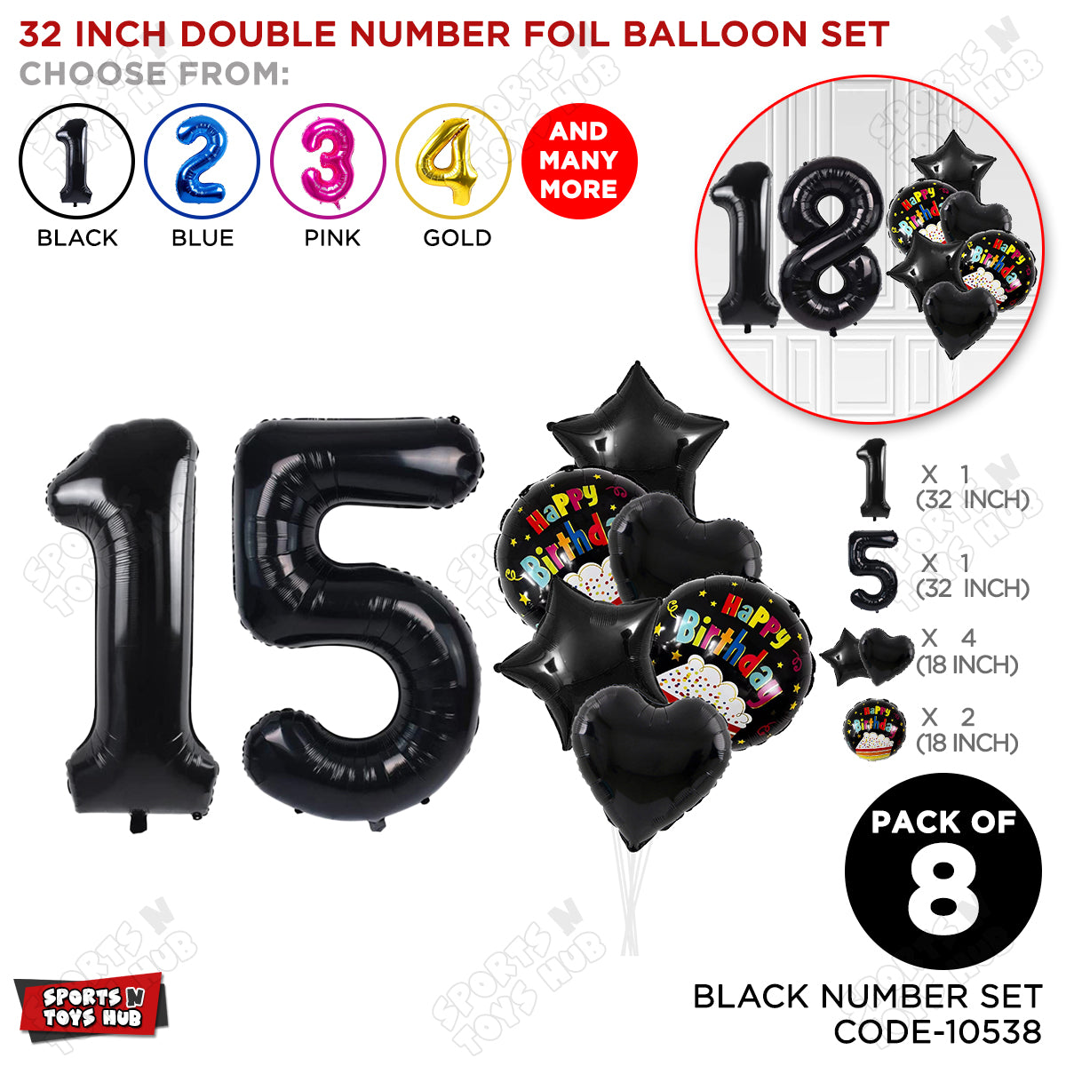 Black Color 32 Inch Number Foil Balloon With Round Printed Balloon Set