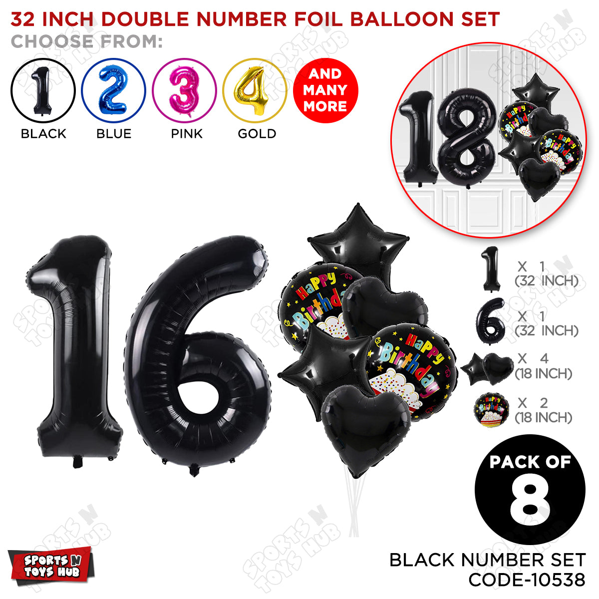 Black Color 32 Inch Number Foil Balloon With Round Printed Balloon Set