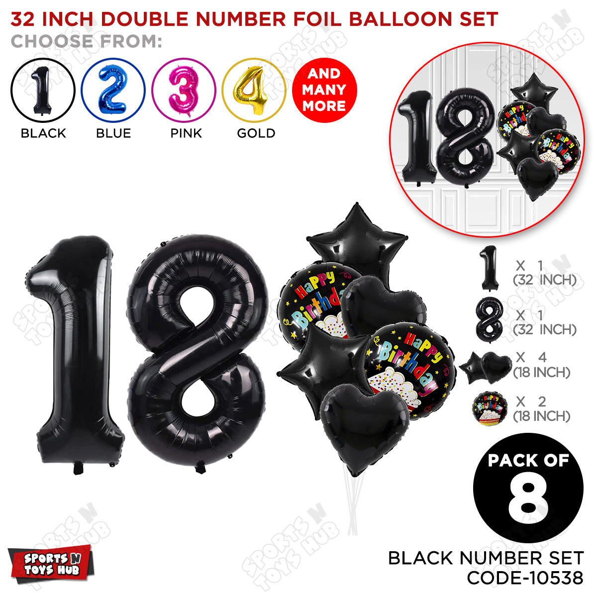 Black Color 32 Inch Number Foil Balloon With Round Printed Balloon Set