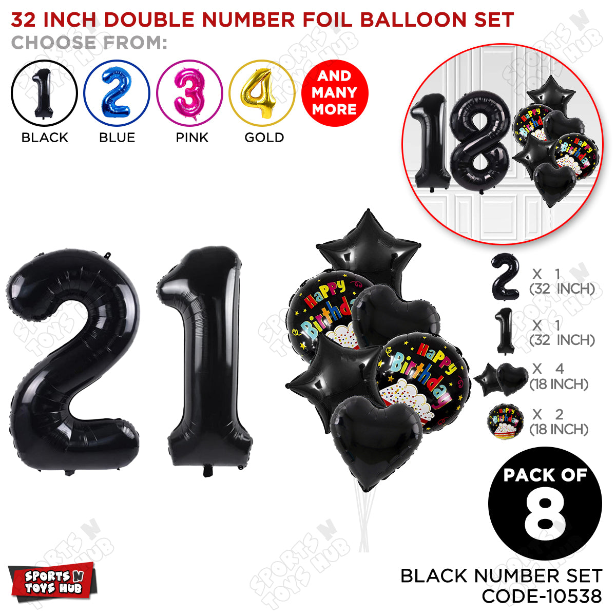 Black Color 32 Inch Number Foil Balloon With Round Printed Balloon Set