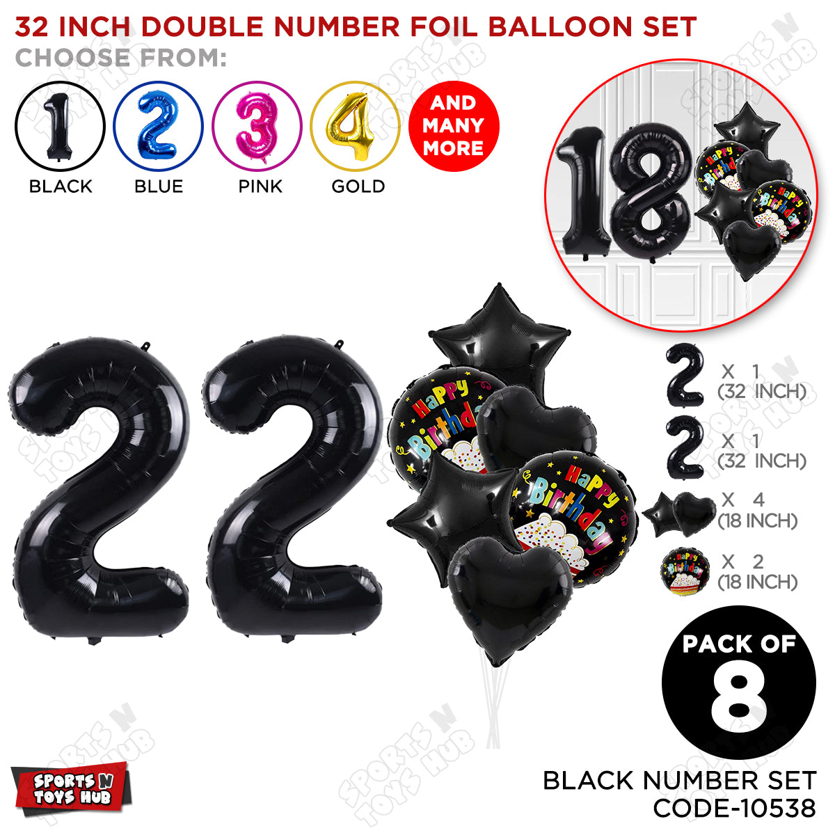 Black Color 32 Inch Number Foil Balloon With Round Printed Balloon Set