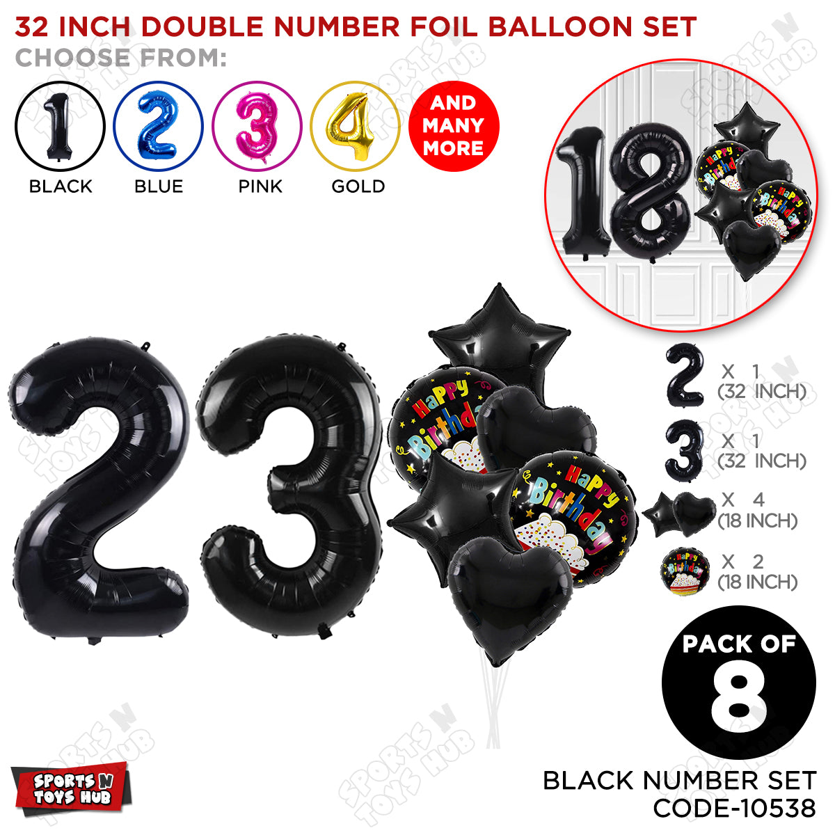 Black Color 32 Inch Number Foil Balloon With Round Printed Balloon Set